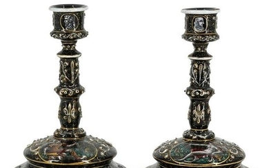 Pair Of 19th Century Limoges Enamel Candlesticks