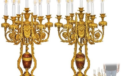 Pair Of Large 19th C. French Bronze Mounted Rouge Marble Candelabra/ Lamps