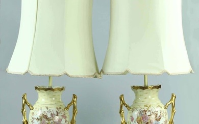 Pair early 19th century porcelain lamps with hand painted flowers, probably old Paris