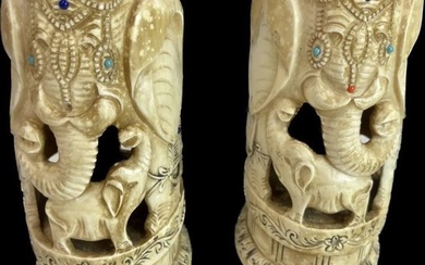 Pair of Antique Chinese Hand Carved Bone Elephants with Turquoise and Coral 6" tall / 15 cm