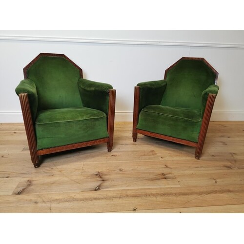 Pair of Art Deco walnut and upholstered club chairs {84 cm H...