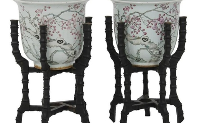 Pair of Asian Porcelain Planters with Stands