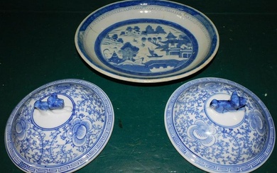 Pair of Blue & White Jar Lids with Foo Dog Finials & 19th C Canton Bowl, (Restored)