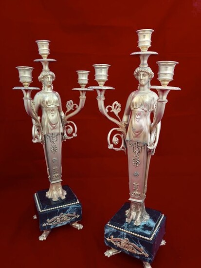 Pair of Caryatids Candlesticks - Empire Style - Bronze Ormolu and Marble - Circa 1900