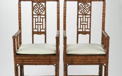 Pair of Chinese Bamboo Chairs w/ White Cushions