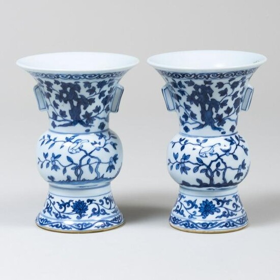 Pair of Chinese Blue and White Porcelain Zun Form 'Bird