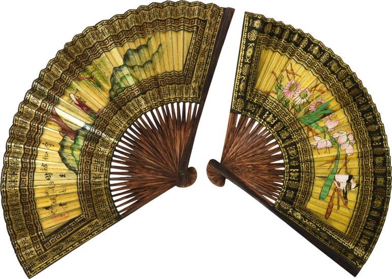 Pair of Chinese Export Hand Painted Folding Fans