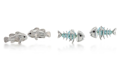 Pair of Diamond Cufflinks; and a Pair of Aquamarine and Diamond Cufflinks | 鑽石 袖扣一對; 及 海藍寶 配 鑽石 袖扣一對