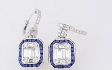 Pair of Diamond, Sapphire, 18k White Gold Earrings.
