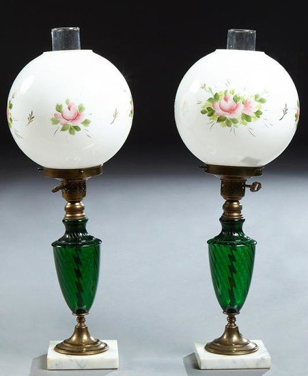 Pair of Emerald Green Glass and Brass Lamps, 20th c.