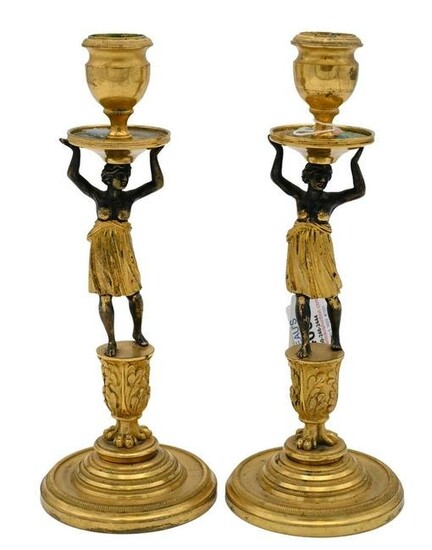Pair of French Bronze Figural Candlesticks, each having