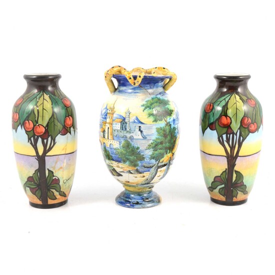 Pair of French porcelain vases, and a Cantagalli Istoriata vase