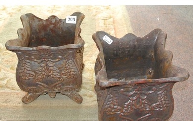 Pair of French style rococo cast iron square planters with w...