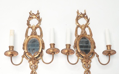 Pair of Giltwood and Mirror Double-Arm Wall Sconces With Pull Chains