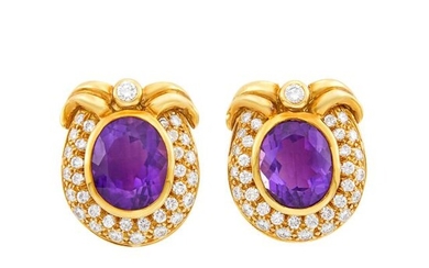 Pair of Gold, Amethyst and Diamond Earclips