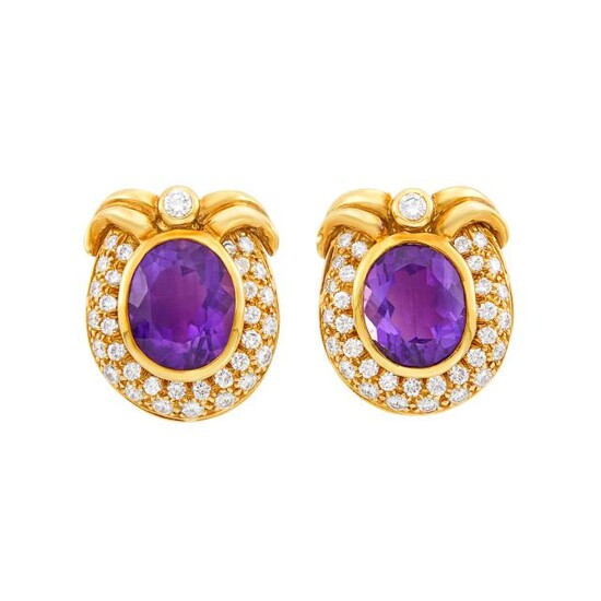 Pair of Gold, Amethyst and Diamond Earclips