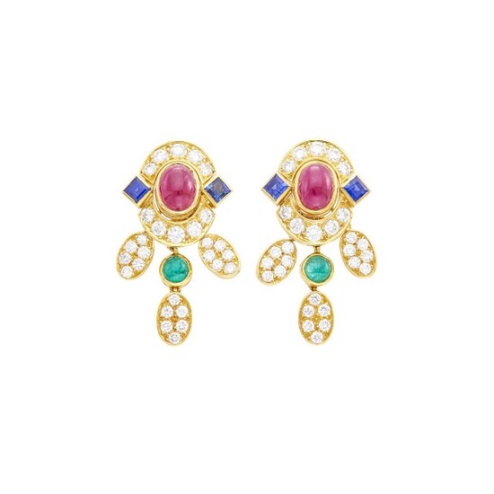 Pair of Gold, Cabochon Ruby, Emerald, Sapphire and Diamond Pendant-Earrings