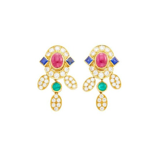Pair of Gold, Cabochon Ruby, Emerald, Sapphire and