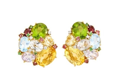 Pair of Gold, Gem-Set and Diamond Cluster Earclips