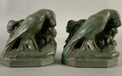 Pair of Green Rookwood Pottery Arts and Crafts Raven Bookends