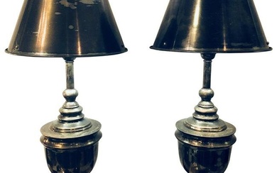 Pair of Industrial Nickel Finish Urn Lamps with Matching Shades