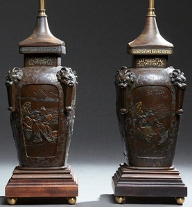 Pair of Japanese Patinated Bronze Urns, early 20th c.
