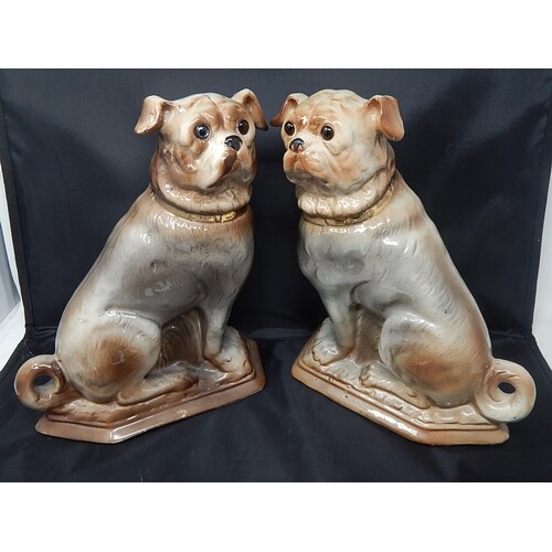 Pair of Large C19th Ceramic Models of Pug Dogs with Glass Ey...