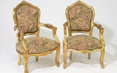 Pair of Louis XV Style Gold Gilt Arm Chairs