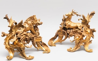 Pair of Louis XV Style Ormolu Chenets Depicting the Boar and Stag