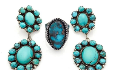 Pair of Navajo Turquoise, Sterling Silver Earrings and Ring