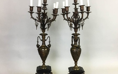 Pair of Renaissance Revival Bronze and Marble Candelabra