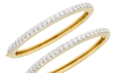 Pair of Two-Color Gold and Diamond Bangle Bracelets