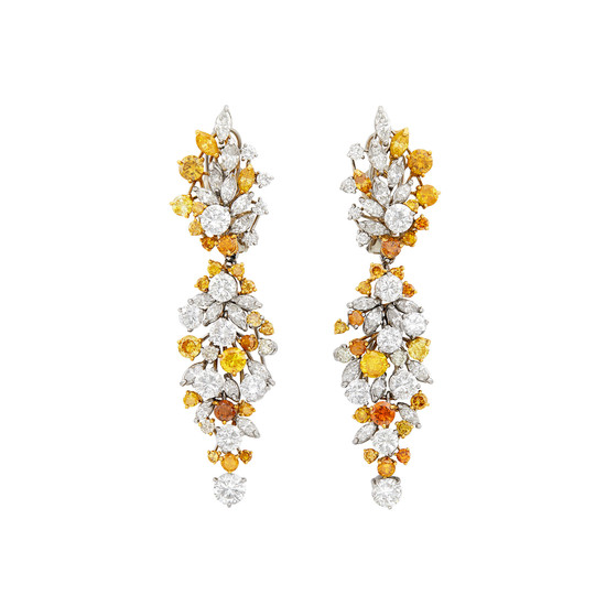 Pair of White Gold, Diamond and Colored Diamond Pendant-Earclips with Gold Brooch Jackets/Stud Earring Combination