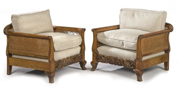 Pair of armchairs in carved beech, with mesh backrest
