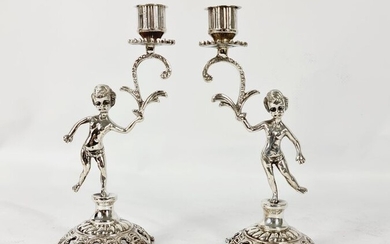 Pair of candlestick - .925 silver - Portugal - Late 20th century