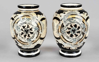 Pair of ceramic vases, w. Spain, 20th c., stoneware, ovoids slightly bulged form, incised decor
