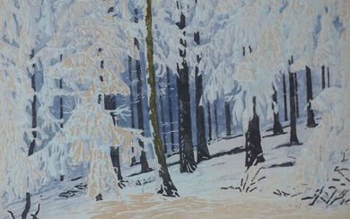 Paul LESCHHORN (1876-1952) Sous-bois enneigé. Gravure sur bois en couleurs, signée en bas à droite....