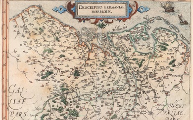 [Pays-Bas]. "Descriptio Germaniae Inferioris". Carte engr. manuscrite avec cartouche, 23,5x31,5 cm, de GUICCIARDINI, 1581/ 1582,...