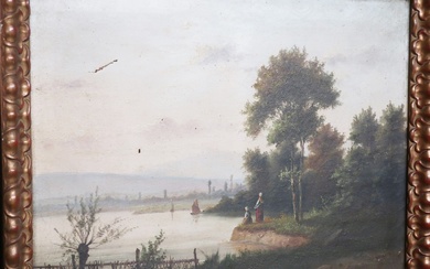 "Paysage fluvial romantique avec personnages et bateaux",huile sur toile,signature illisible,env.48x64cm,19/20e siècle,endommagé