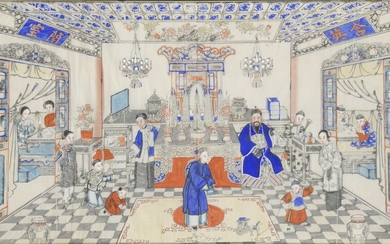 Peinture à l'encre et couleur sur papier Chine, XXe siècle À décor d'une scène animée...