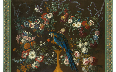 Peter Casteels III (Antwerp 1684-1749 Richmond-upon-Thames), A blue and gold macaw on a perch, with flower garlands