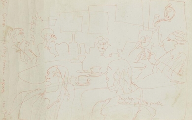 Philip Core, American/British 1951-1989 - George Melly and friends, 1979; coloured pencil on paper menu from 'Langan's Brasserie', signed, dedicated, inscribed and dated along left edge 'for George - my diary looses a page - love Philip Core 27th...