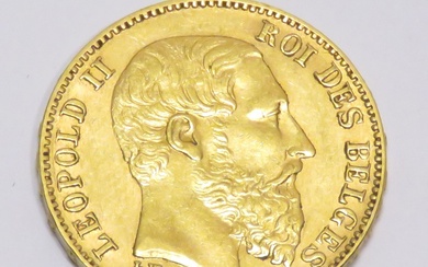 Pièce en or de 20 Francs "Léopold II-Roi des Belges" datée de 1877. Poids :...