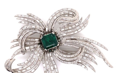 Platinum Retro Colombian Emerald Diamond BroochÊ