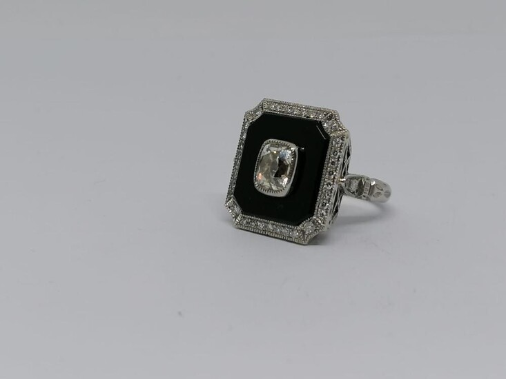 Platinum and Onyx diamond "French" ring circa 1930