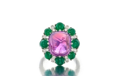 Purple Sapphire, Emerald and Diamond Ring