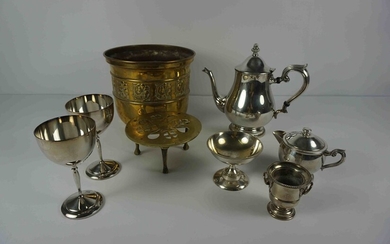 Quantity of Silver Plate and Brass Wares, To include Cake Knives and Forks, Tea Set, Comport