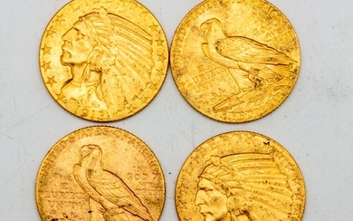 Quatre pièces en or de 5 dollars américains de 1908, 1909, 1910 et 1913
