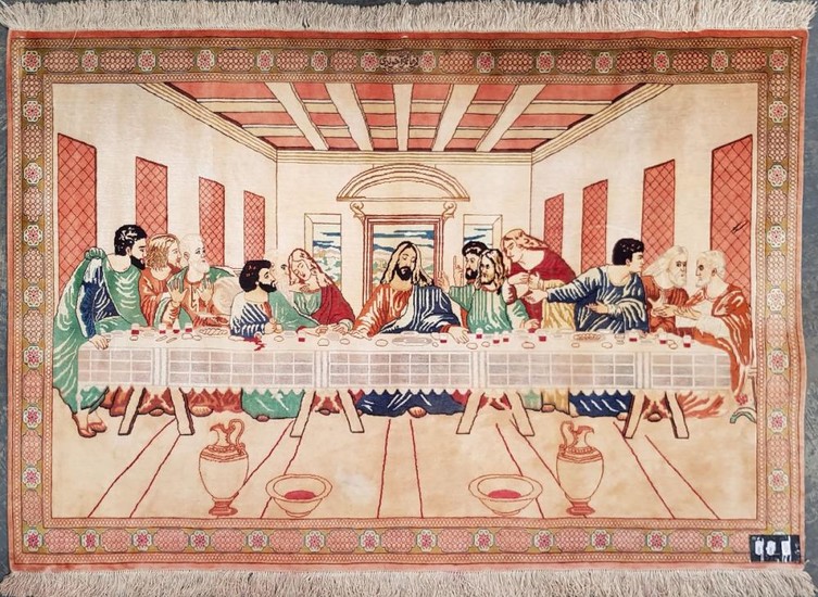 Qum Silk Pictorial Carpet, with the scene of the Last Supper, with signature panel to top (146 x 100cm)