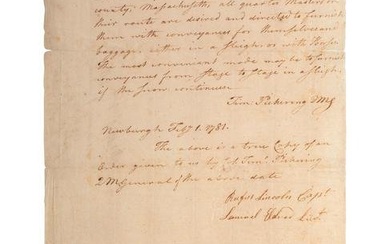 [REVOLUTIONARY WAR]. True copy of an order given by Timothy Pickering (1745-1829) as Quartermaster